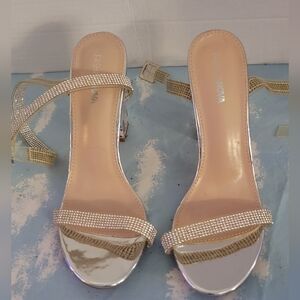 Fashion Nova Nude and Silver Rhinestone Clear-Strap Heeled Sandals